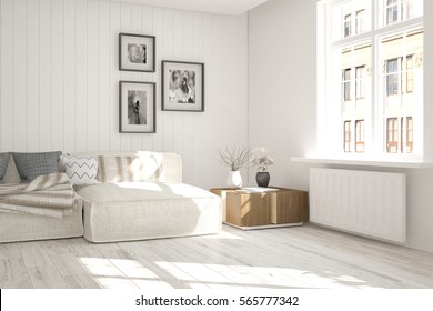 White Room With Sofa And Urban Landscape In Window. Scandinavian Interior Design. 3D Illustration