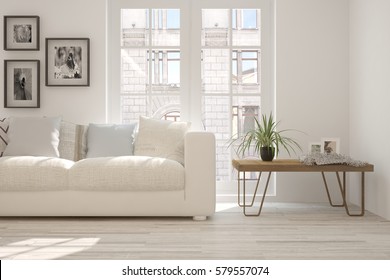 White Room With Sofa And Urban Landscape In Window. Scandinavian Interior Design. 3D Illustration