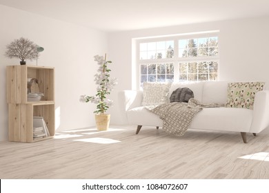 White room with sofa and winter landscape in window. Scandinavian interior design. 3D illustration - Shutterstock ID 1084072607