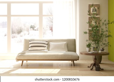 White room with sofa and winter landscape in window. Scandinavian interior design. 3D illustration - Shutterstock ID 1200810676