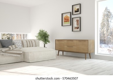 White room with sofa and winter landscape in window. Scandinavian interior design. 3D illustration - Shutterstock ID 570463507