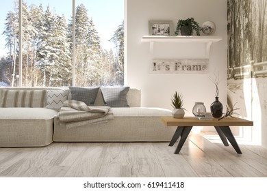 White Room With Sofa And Winter Landscape In Window. Scandinavian Interior Design. 3D Illustration