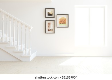 White Room With Stair. Scandinavian Interior Design. 3D Illustration