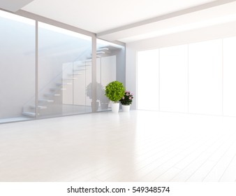weißes Zimmer mit Treppe. Wohnzimmereinrichtung. Skandinavisches Innendesign. 3D-Abbildung
