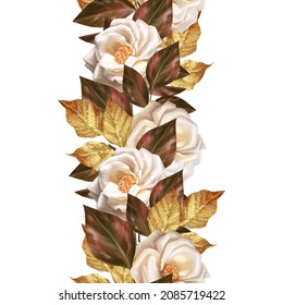 White rose Flowers. Seamless pattern with gold leaves. Border frame.