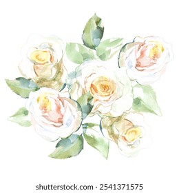 White roses with green leaves in collection garden flowers. Watercolor illustration for wedding floral design of bouquets, wreaths, arrangements, wedding invitations, anniversary, birthday, postcards - Powered by Shutterstock