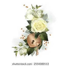 White roses with a lock and a key from a heart with scattered confetti. Watercolor illustration. Romantic floral arrangement of buds for Valentine's Day. For greeting card, wedding invitation - Powered by Shutterstock