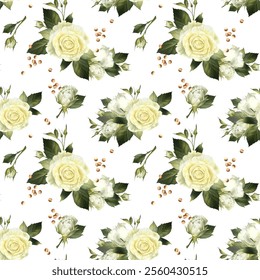 White roses watercolor illustration seamless pattern. Wedding bouquet with flowers and golden confetti. Floral arrangement in realistic style. Ornament for catholic designs, textiles, packaging - Powered by Shutterstock