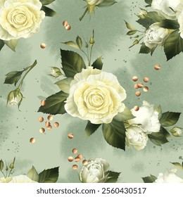 White roses watercolor illustration seamless pattern. Wedding bouquet with flowers and golden confetti. Floral arrangement in realistic style. Ornament for catholic designs, textiles, packaging - Powered by Shutterstock