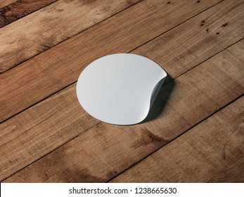 White Round Adhesive Sticker Mockup On Wooden Table, 3d Rendering