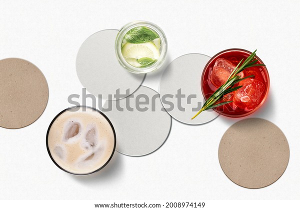 White round Drink Coasters Mockup. Top view.\
3D Illustration