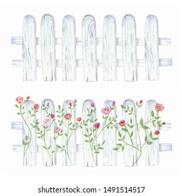 White Round End Wooden Fence with Pink and Red Climber Roses Flower on White Background. Hand Drawn Watercolor Illustration.