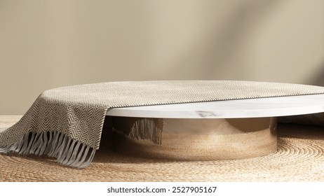 White round marble podium table with beige throw blanket on rattan mat in sunlight on brown wall for luxury, elegant cosmetic, skincare, body care, beauty product display background 3D