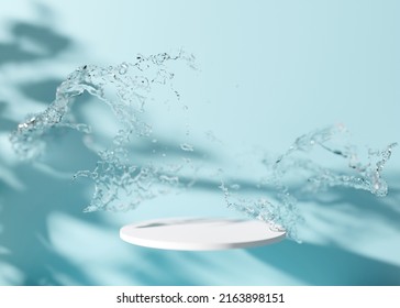 White Round Podium With Shadows Of Leaves And Water Splash On Light Blue Background. Mock Up For Product, Cosmetic Presentation. Pedestal Or Platform For Beauty Products. Empty Scene. 3D Rendering.