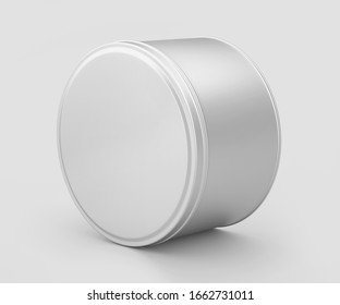 White Round Tin Can Mockup, Blank Food Container, 3d Rendering Isolated On Light Gray Background, Ready For Your Design