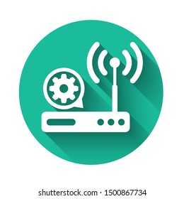 White Router And Wi-fi Signal And Gear Icon Isolated With Long Shadow. Adjusting App, Service Concept, Setting Options, Maintenance, Repair, Fixing. Green Circle Button