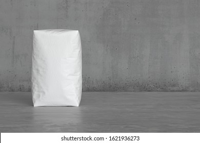 White Sack On The Concrete Floor. 3d Render