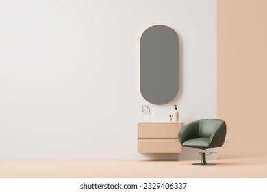 White salon interior with oval mirror and floating dresser, green armchair on beige floor. Mock up empty wall. Concept of beauty care, image studio and style. 3D rendering illustration