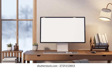 White screen computer with book rack and lamp on wooden table with snow falling outside glass window. Advertise Mockup, 3D Rendering, 3D illustration.