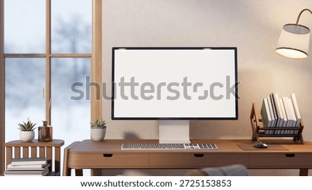 White screen computer with book rack and lamp on wooden table with snow falling outside glass window. Advertise Mockup, 3D Rendering, 3D illustration.