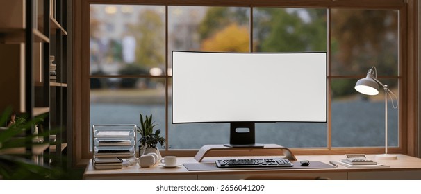 White screen computer and coffee with headphone on wooden table in a glass wall room or office. Work or Study, Mockup, 3D Rendering, 3D Illustration.