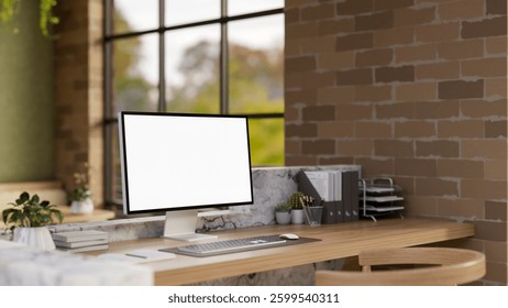 The white screen computer on marble laminate wooden working desk in an office with green painted and brick wall. Office interior, Desk setup, 3D Rendering, 3D Illustration.