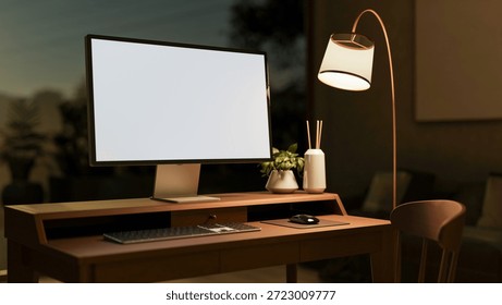 White screen computer with plant and diffuser on wooden table aside lamp and glass wall in dim room. Product Display, 3D Rendering, 3D illustration.