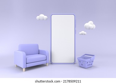 White Screen Smartphone With Living Room Sofa Furniture And Basket Decoration Mockup On Purple Pastel Background. Business Delivery. Shopping Online Concept. 3D Illustration Rendering