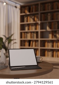 White screen tablet and keyboard next to glasses and coffee on round table across bookshelf in library. Product Display, 3D Rendering, 3D illustration.