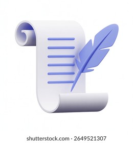 White scroll with blue lines and quill on white background, evoking history, writing, creativity, content creation, and document drafting.