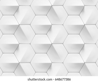 White seamless geometric texture. Origami paper style. Hexagonal elements. 3D rendering background.