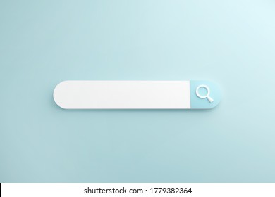 White search or magnifying glass in blank search bar on Blue Background, 3d render, minimal and copy space.