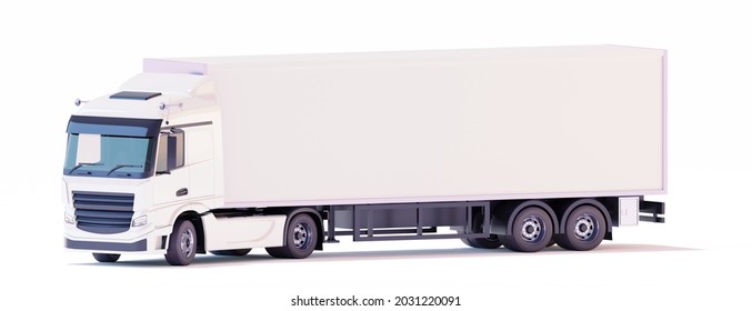 White semi-trailer truck with box trailer. Cab-over tractor. European lorry. Orthographic Side view. 3d illustration