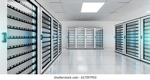 White server room data center storage with blue lights 3D rendering