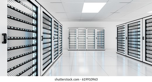 White server room data center storage with blue lights 3D rendering