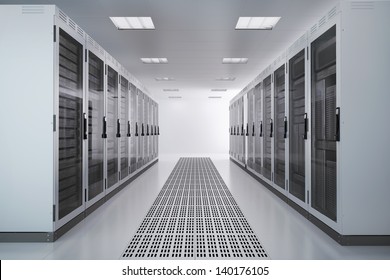 White Server Room Network/communications Server Cluster In A Server Room. CG Image.