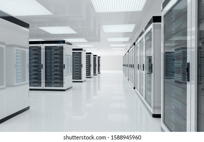 White Servers Data Center Room With Computers And Storage Systems 3D Rendering