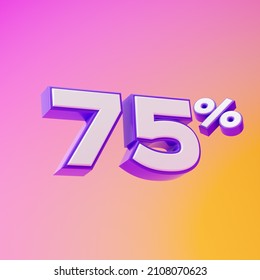 White seventy five percent or 75 % with purple outline isolated over pink and yellow background. 3D rendering.