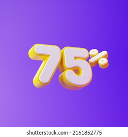 White seventy five percent or 75 % with yellow outline isolated over purple background. 3D rendering.