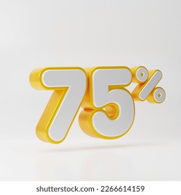 White seventy five percent or 75 % with gold outline isolated over white background. 3D rendering.