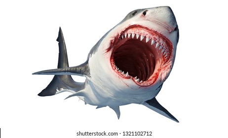 Белая акула морской хищник с большим открытым ртом и зубами. 3D рендеринг