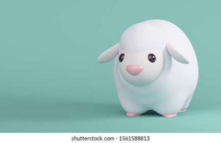 White sheep on a turquoise background. Cute cartoon character. 3d rendering