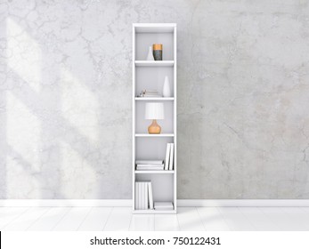 White Shelving Unit With Books And Decor In Interior, Concrete Wall, Bookshelf Mockup, 3d Rendering