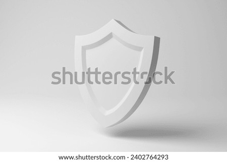 White shield floating in mid air on white background in monochrome and minimalism. 3D illustration of the concept of physical and digital guarding, protection and security