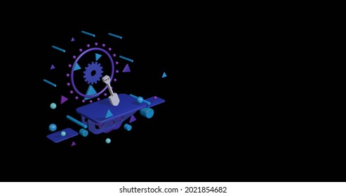 White Shovel Symbol On A Pedestal Of Abstract Geometric Shapes Floating In The Air. Abstract Concept Art With Flying Shapes On The Left. 3d Illustration On Black Background