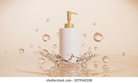 White Shower Gel Bottle Mockup With Water Splash On Natural Luxury Beige Background. 3d Rendering, 3d Illustration