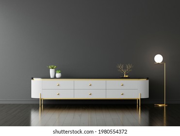 White Sideboard In Black Living Room With Copy Space, 3D Rendering