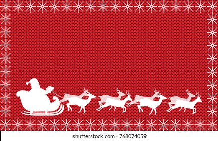 White silhouette of Santa Claus riding in a sleigh with eight reindeer on red fabric knitted background framed with snowflakes. Christmas and New Year  illustration, template with space for text