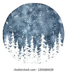 White silhouettes of pine trees in winter night. Watercolor Christmas and New Year illustration