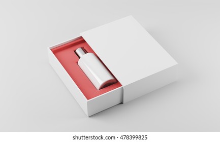 White And Silver Bottle Of Perfume In White And Red Box Lying On White Surface. Concept Of New Eau De Cologne. 3d Rendering. Mock Up